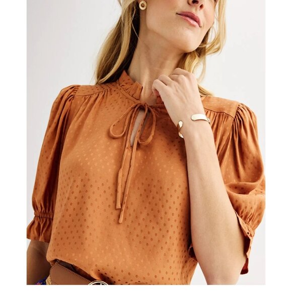 Draper James RSVP Orange Polka Dot Blouse Tie Neck Smocked Sleeves L Office SIre - Picture 1 of 13